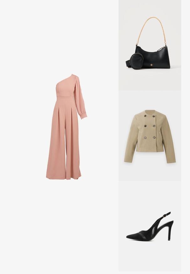 Kreemjas lühike jakk pikkade varrukatega, ümmarguse kaelusega, topelt nööpidega tumehall ja küljetaskutega valgel taustal.; Roosa ühesanga jumpsuit, millel on sobiv korpus, pikk puhv-sleeve, plekitud laiad püksid ja siledast, kerge kangast tekstuur.; Mustast seemisest terasest teravateokaga ja võrgust aktsentidega madalal kontsal kingad, kuldse pannalatega rihmaga, ühevärvilise tausta ees.; Mustast nahast käekott väikese külge kinnitatud kotikese ja kuldse ketiga rihmaga ühevärvilise hele taustal.