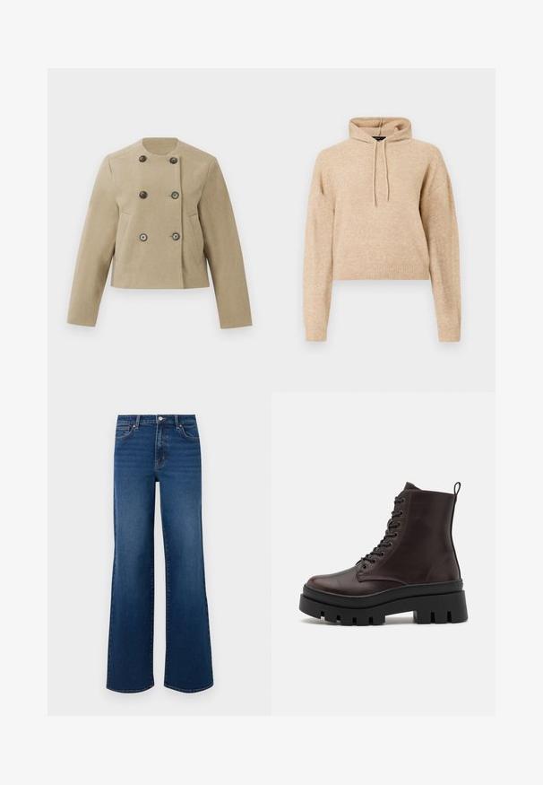 Beige cropped jakke med lange ærmer, rund halsudskæring, dobbeltknaplukning med mørke knapper og sidelommer på en hvid baggrund.; Beige cropped striktrøje med lange ærmer og snorhætte, præsenteret på en hvid baggrund.; Vidde ben denim jeans i mørkeblå med en tekstureret overflade, der har en knaplukning, fem lomme-design og lige kant.; Brune læder ankelstøvler med en rund tå, sort kraftig sål og snørredetaljer. Har en bageste løkke for nem påtagning.