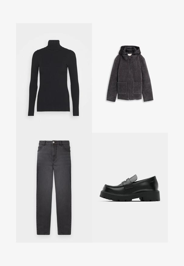 Veste grise zippée avec un extérieur texturé et duveteux, deux poches avant et une capuche noire. Matériau doux avec un design à col haut.; Pull noir à col roulé côtelé, doté de longues manches et d'une silhouette près du corps. La texture est lisse avec un motif de côtes horizontal.; Jeans en denim noir à taille haute, avec une coupe droite, deux poches avant et une fermeture à bouton argenté. Texture lisse avec un soupçon d'éclat.; Mocassins en cuir noir avec une semelle épaisse et texturée, dotés d'une sangle sur le vamp et d'une finition lisse et polie.
