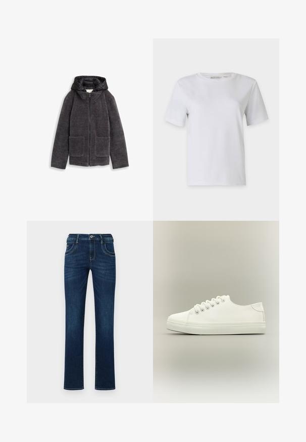 Grijze zip-up jas met een gestructureerde, pluchen buitenkant, twee voorzakken en een zwarte capuchon. Zacht materiaal met een hoge kraagontwerp.; Witte t-shirt met korte mouwen van gladde katoen. Heeft een ronde halslijn en rechte zoom, zonder patronen of versieringen.; Donkerblauwe denim jeans met een rechte pijp, vijf zakken en een standaard knoopsluiting. Bevat subtiele stikdetails.; Witte lage sneaker met witte veters en rubberen zool, zijaanzicht op een neutrale achtergrond.