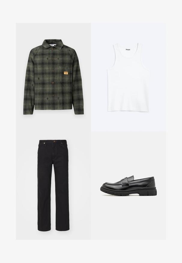 Olivgrünes und schwarzes kariertes Langarmhemd mit braunen Knöpfen, Kragen und kleinem beigen Aufnäher auf der Brusttasche.; Weißes ärmelloses Tanktop mit rundem Ausschnitt und Weekday-Markenetikett auf der Innenseite des hinteren Kragens, flach auf hellem Hintergrund dargestellt.; Schwarze Straight-Leg-Denim-Jeans mit vorderen Taschen, Gürtelschlaufen und Knopfverschluss auf schlichtem Hintergrund.; Schwarze Lederloafer mit einem breiten Riemen über dem Rist, Gummisohle mit dicken Profilen und glatter Textur. Klassisches, schlankes Design.