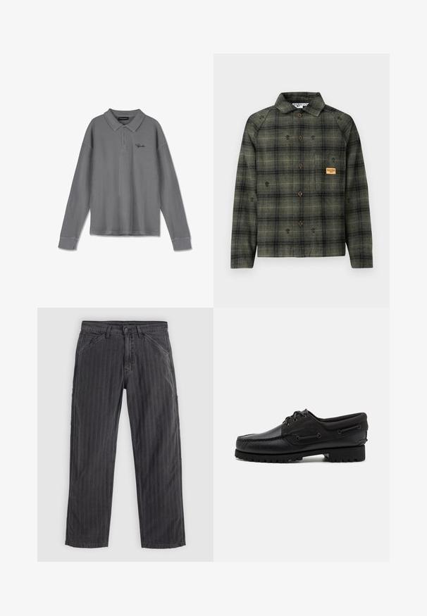 Chemise à manches longues à carreaux vert olive et noir avec des boutons marron, un col, et une petite pièce beige sur la poche poitrine.; Polo à manches longues en tissu rayé gris. Il possède un col, une patte de boutonnage à trois boutons et un branding noir subtil sur la poitrine.; Pantalons à rayures noires en tissu mélangé coton. Présentent un design à jambe droite, des poches latérales et une fermeture à bouton.; Chaussure noire avec un dessus en cuir, des accents textiles, des lacets ronds et une semelle en caoutchouc texturé. Présente des coutures mocassins et des détails de marque.
