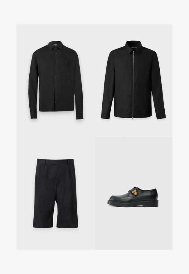 Veste noire à manches longues avec fermeture éclair à l'avant, col et poches latérales, présentée sur fond blanc.; Chemise noire à manches longues avec boutons, col pointu et blason brodé subtil sur le côté gauche de la poitrine, présentée sur un fond blanc.; Shorts noirs sur mesure longueur genou avec passants pour ceinture et plis à l'avant, posés à plat sur un fond gris clair.; Chaussure en cuir noir avec bout arrondi, surface texturée et design à enfiler. Comprend un accent en métal doré sur le côté.
