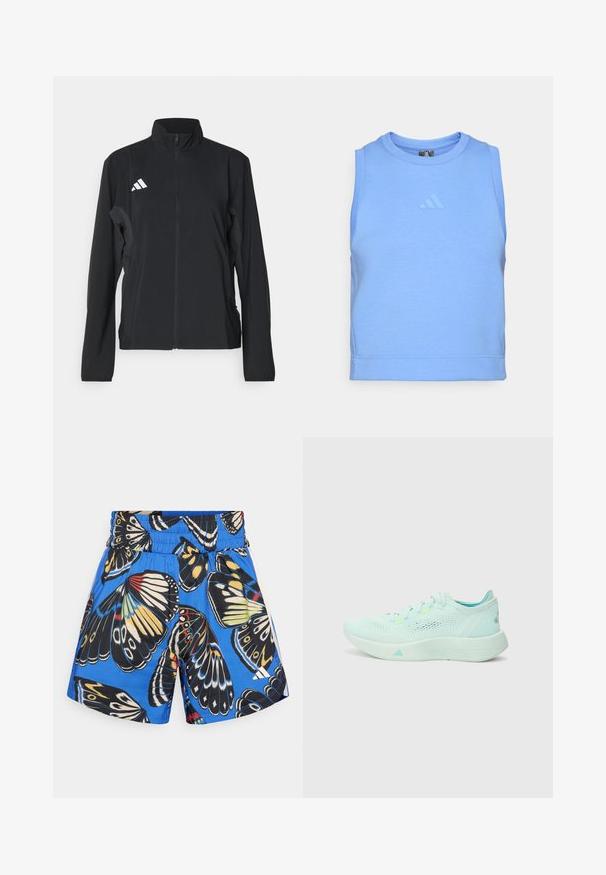 Čierna športová bunda s dlhými rukávmi, stojatým golierom, plným predným zipsom a bielym logom Adidas na ľavej hrudi. Hladký, ľahký materiál.; Modrá bezrukávová športová košeľa vyrobená z mäkkej, elastickej tkaniny. Má okrúhly výstrih a tónovaný logo na prednej strane.; Modré šortky s potlačou motýľa v čiernej, žltej a červenej farbe. Elastický pás a bočné vrecká, vyrobené z ľahkého materiálu.; Svetlomodrá bežecká obuv s sieťovinovým zvrškom, textúrovanou podrážkou a polstrovaným golierom. Obsahuje neonové akcenty a aerodynamický dizajn.