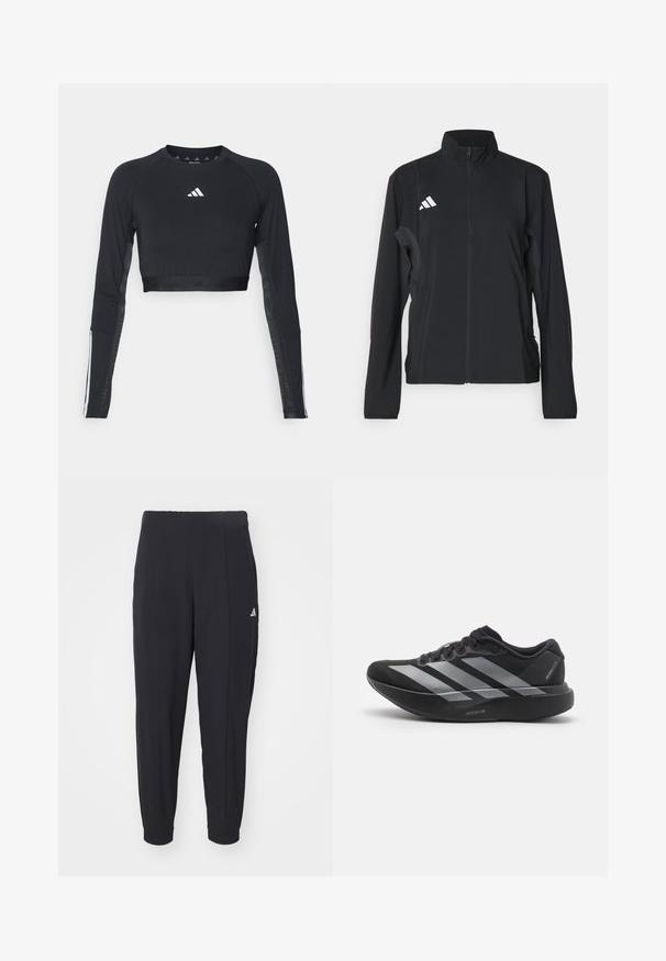 Čierna športová bunda s dlhými rukávmi, stojatým golierom, plným predným zipsom a bielym logom Adidas na ľavej hrudi. Hladký, ľahký materiál.; Čierny krátky športový top s dlhým rukávom vyrobený z hladkej textílie. Obsahuje biele logo na hrudi a pruhované detaily na rukávoch.; Čierne športové nohavice vyrobené z hladkej tkaniny. Zúžený strih s elastickými manžetami. Obsahujú malé biele logo na ľavom boku.; Čierne bežecké topánky so striebornými pruhmi, s hrubou polstrovanou podrážkou označenou "Lightstrike Pro," bočný pohľad na bielom pozadí.