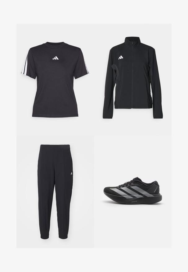 Čierna športová bunda s dlhými rukávmi, stojatým golierom, plným predným zipsom a bielym logom Adidas na ľavej hrudi. Hladký, ľahký materiál.; Čierne športové tričko vyrobené z mäkkého materiálu, s klasickým okrúhlym výstrihom, krátkymi rukávmi a tromi bielymi pruhmi na každom ramene. Biely logo na hrudi.; Čierne športové nohavice vyrobené z hladkej tkaniny. Zúžený strih s elastickými manžetami. Obsahujú malé biele logo na ľavom boku.; Čierne bežecké topánky so striebornými pruhmi, s hrubou polstrovanou podrážkou označenou "Lightstrike Pro," bočný pohľad na bielom pozadí.