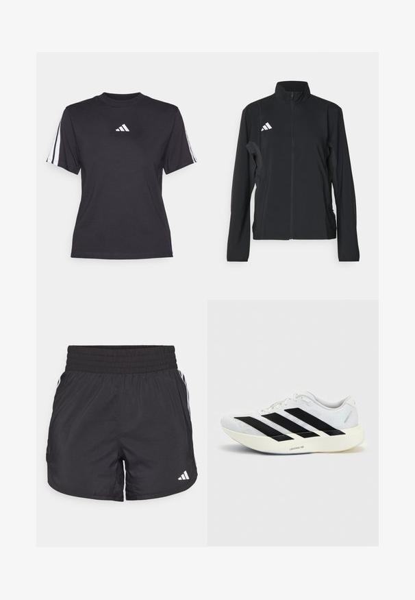 Čierna športová bunda s dlhými rukávmi, stojatým golierom, plným predným zipsom a bielym logom Adidas na ľavej hrudi. Hladký, ľahký materiál.; Čierne športové tričko vyrobené z mäkkého materiálu, s klasickým okrúhlym výstrihom, krátkymi rukávmi a tromi bielymi pruhmi na každom ramene. Biely logo na hrudi.; Čierne športové šortky s elastickým pásom, bočnými vreckami a bielymi pruhmi po stranách. Vyrobené z ľahkého materiálu.; Biela bežecká topánka s čiernym dizajnom so tromi pruhmi na boku a hrubou bielou podrážkou označenou "Lightstrike Pro" na jednofarebnom pozadí.