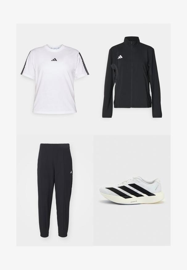 Must musternokaga mustriga, püstise kraega, täispika tõmblukuga must spordijope ja vasakul rinnal valge Adidas'i logo. Sile ja kerge kangas.; Valge puuvillane T-särk, millel on ümmargune kaelus, lühikesed varrukad ja mustad kolme riba aktsendid õlgadel, koos Adidas'i logoga rinnas.; Mustad mustreeritud sportpüksid, mis on valmistatud siledast kangast. Kitsenev disain elastsete mansettidega. Vasakul puusal on väike valge logo.; Valge jooksujalanõu musta kolme triibu disainiga küljel ja paksu valge tallaga, millel on silt "Lightstrike Pro" ühtlasel taustal.