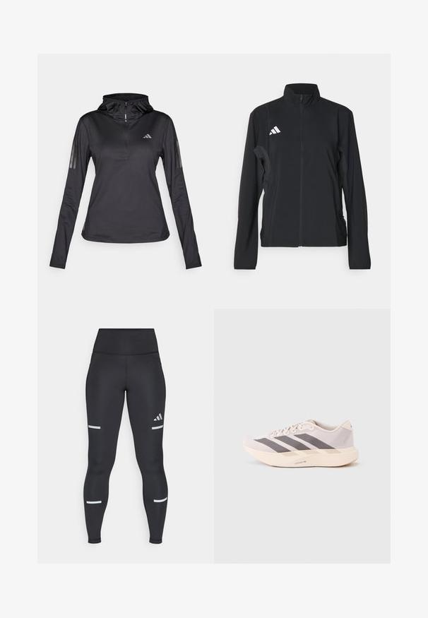 Čierna športová bunda s dlhými rukávmi, stojatým golierom, plným predným zipsom a bielym logom Adidas na ľavej hrudi. Hladký, ľahký materiál.; Čierny športový mikina s dlhým rukávom a štvrťovým zipsom, textúrovaná tkanina, nastaviteľná kapucňa a reflexné pruhy na rukávoch. Obsahuje logo na hrudi.; Čierne legíny s vysokým pásom, vyrobené z hladkého materiálu. Obsahujú biele reflexné pruhy v oblasti kolien a logo Adidas.; Ľahké športové tenisky v bledoružovej a šedej farbe, s priedušným sieťovaným zvrškom, troma tmavými pásmi a hrubou krémovou podrážkou označenou "LIGHTSTRIKE PRO".