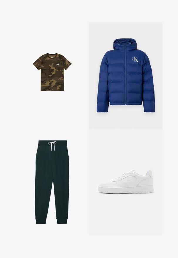 Marineblå jakke med fyld og hætte, frontlynlås, sidelommer og hvidt "cK" logo på venstre bryst.; Camo t-shirt i olivengrøn, brun og sort, korte ærmer, rund halsudskæring, med et lille hvidt logo på brystet. Blødt bomuldsstof.; Mørkegrønne sweatpants lavet af blød stof, med elastisk talje, justerbar hvid snor og sidelommer.; Hvide lædersneakers med perforeret tåboks, flade snørebånd og polstret krave. Har et præget logo på siden og en tekstureret gummisål.