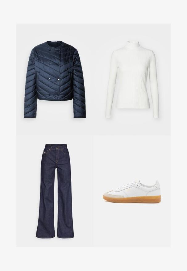 Marineblaue Steppjacke mit cropped Design, Zickzack-Steppung, Doppelknopfverschluss und seitlichen Taschen. Glatte, glänzende Textur.; Weißes geripptes Turtleneck-Oberteil mit langen Ärmeln, aus elastischem Stoff. Verfügt über ein enganliegendes Design und einen hohen Kragen für zusätzlichen Schutz.; Dunkelblaue weite Jeans aus Denimstoff mit hoher Taille, ausgestattet mit orangefarbenen Nähten, fünf Taschen und einem Knopfverschluss.; Weiße Ledersneaker mit beigen Wildlederakzenten, Gummi-Rahmen und Schnürdesign. Verfügt über dezente Markenkennzeichnung in Gold.