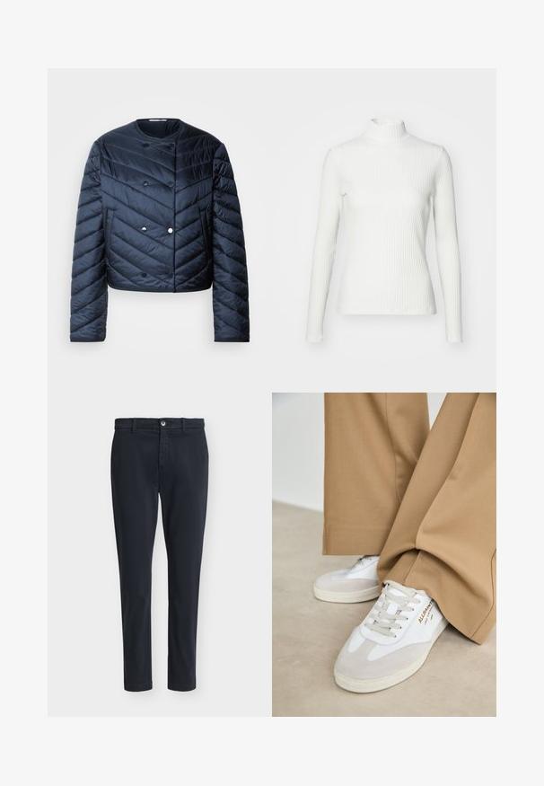 Chaqueta de plumas de color azul marino con diseño cropped, acolchado en forma de chevron, botones dobles y bolsillos laterales. Textura suave y brillante.; Top de cuello alto blanco con canalé y mangas largas, fabricado en una tela elástica. Presenta un diseño ajustado y un escote alto para mayor cobertura.; Pantalones casual ajustados de hombre en azul marino oscuro con cierre de botón y trabillas para cinturón, exhibidos sobre un fondo liso gris claro.; Zapatillas blancas con detalles de ante, cordones texturizados y suela de goma. Combinadas con un pantalón suelto en tono marrón claro. Logo exhibido en el lateral.