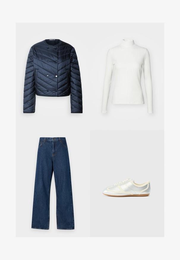 Marineblaue Steppjacke mit cropped Design, Zickzack-Steppung, Doppelknopfverschluss und seitlichen Taschen. Glatte, glänzende Textur.; Weißes geripptes Turtleneck-Oberteil mit langen Ärmeln, aus elastischem Stoff. Verfügt über ein enganliegendes Design und einen hohen Kragen für zusätzlichen Schutz.; Dunkelblaue weitgeschnittene Jeans aus Denim mit klassischem Fünf-Taschen-Design. Mit Kontrastnähten und einem Frontknopfverschluss.; Silberne, synthetische Sneaker mit cremefarbenen Akzenten, flachem Profil, rundem Zehenbereich und flacher Gummisohle; verfügt über klassische Nahtdetails und Schnürverschluss.