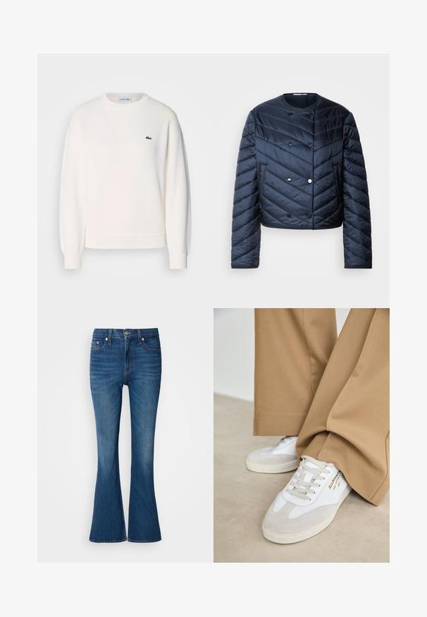 Marineblå pufferjakke med cropped design, chevron quiltning, dobbeltknaplukning og sidelommer. Glat, shiny overflade.; Hvid sweatshirt lavet af blødt stof, med rund halsudskæring, lange ærmer, ribbede manchetter og et lille grønt Lacoste-logo på brystet.; Blå flared jeans med en falmet vask, der har en knap- og lynlåslukning, forlommer og en lidt bredere benåbning i bunden.; Hvide sneakers med ruskinddetaljer, strukturerede snørebånd og gummisål. Kombineret med løse, brune bukser. Logoet er vist på siden.