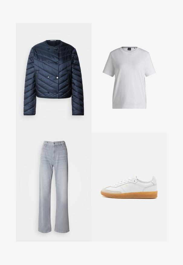 Marineblå pufferjakke med cropped design, chevron quiltning, dobbeltknaplukning og sidelommer. Glat, shiny overflade.; Hvid bomulds t-shirt med rund halsudskæring, korte ærmer og en afslappet pasform. Har et lille mærke nær kraven.; Lys grå vidde jeans med høj talje, lavet af denim. Har forlommer, lynlås og subtil falmen over det hele.; Hvide lædersneakers med beige ruskindsdetaljer, gummisål og snøredesign. Har diskret branding i guld.