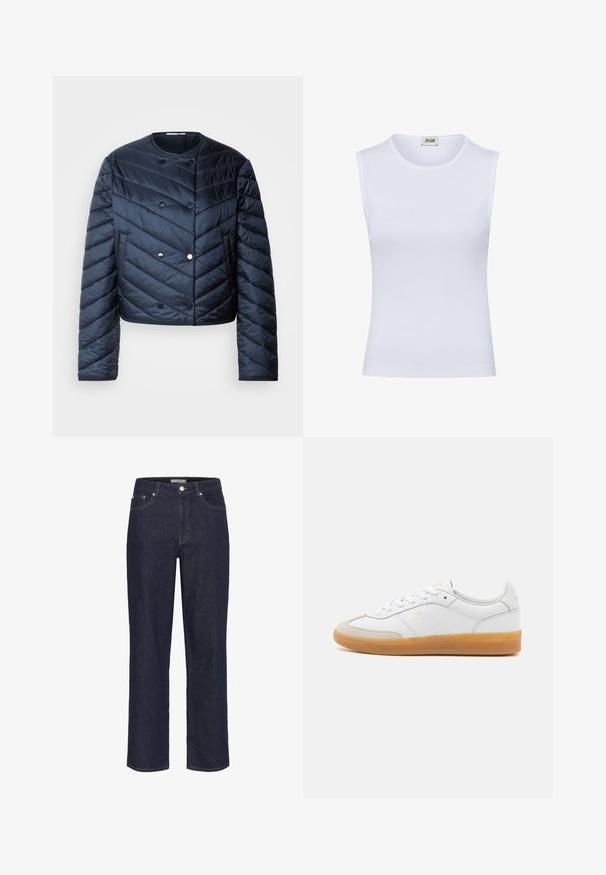 Marineblaue Steppjacke mit cropped Design, Zickzack-Steppung, Doppelknopfverschluss und seitlichen Taschen. Glatte, glänzende Textur.; Weißes ärmelloses geripptes Tanktop mit rundem Ausschnitt und Markenlabel DRYKORN innen am Kragen.; Gestuz SUMMER WIDE - Wide Leg - unwashed denim; Weiße Ledersneaker mit beigen Wildlederakzenten, Gummi-Rahmen und Schnürdesign. Verfügt über dezente Markenkennzeichnung in Gold.