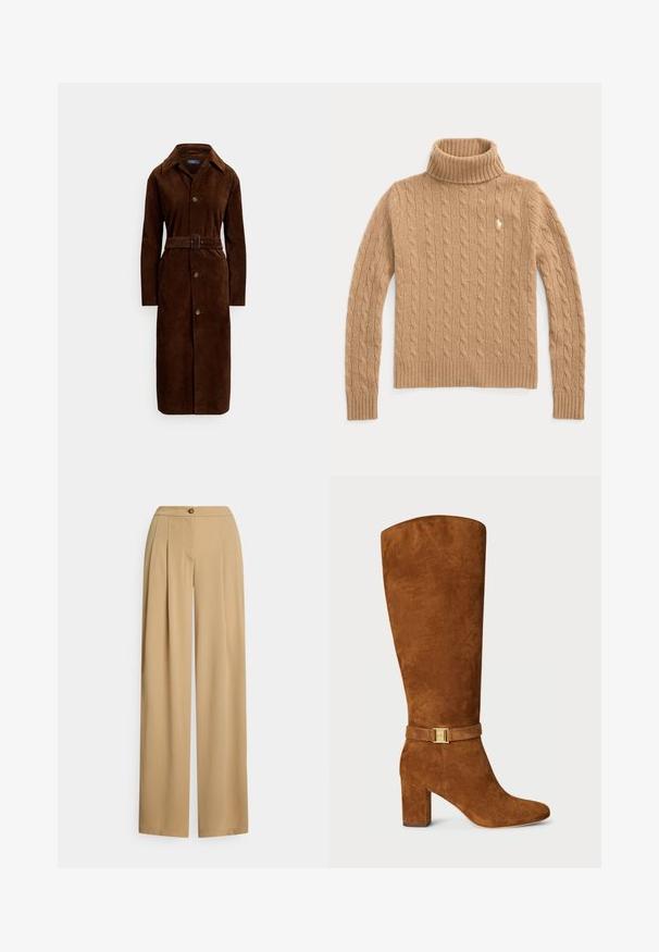 Lang brun ruskindsfrakke med krave, knaplukning og matchende bælte i taljen mod ensfarvet hvid baggrund.; Kamelfarvet kabelstrikket rullekrave sweater med lange ærmer og ribstrikkede manchetter, med en lille broderet logo på brystet.; Beige bukser med vide ben lavet af glat stof. Har knaplukning, plisseringer foran og en afslappet pasform med en lige silhuet.; Brune ruskind knæhøje støvler med firkantet tå, kraftig hæl og en guldfarvet spænde detalje på en matchende ruskind rem omkring anklen.