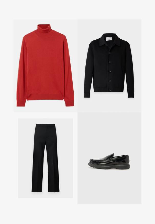 Sort langærmet knapjakke med krave og to forlommer, mærket Tiger of Sweden.; Rød strikket turtleneck sweater med lange ærmer, ribbet krave og manchetter. Har et diskret logo på brystet. Glat overflade.; Sorte, lige formelle bukser med høj talje og et rent, minimalistisk design, vist på en ensartet lys baggrund.; Sort læderloafer med en blank finish, rund tå, subtile syninger og en tyk gummisål for holdbarhed.