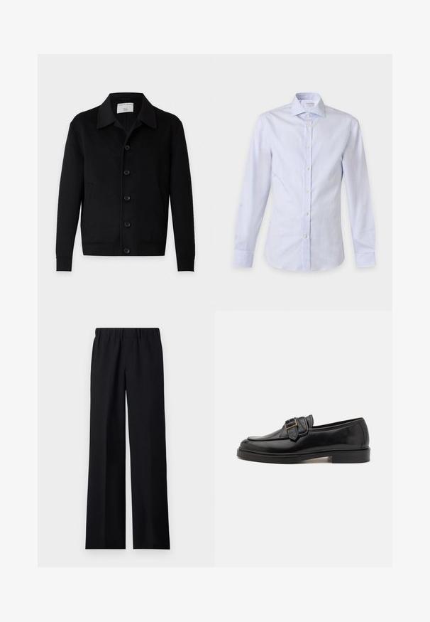 Veste noire à manches longues avec boutons, col et deux poches avant, étiquetée Tiger of Sweden.; Chemise à manches longues rayée verticalement bleu clair et blanc avec col pointu et boutons blancs sur le devant.; sandro Pantalon classique - noir; Mocassins en cuir noir avec un bout arrondi et une boucle décorative. Talon plat, solide et texture lisse sur l'ensemble.