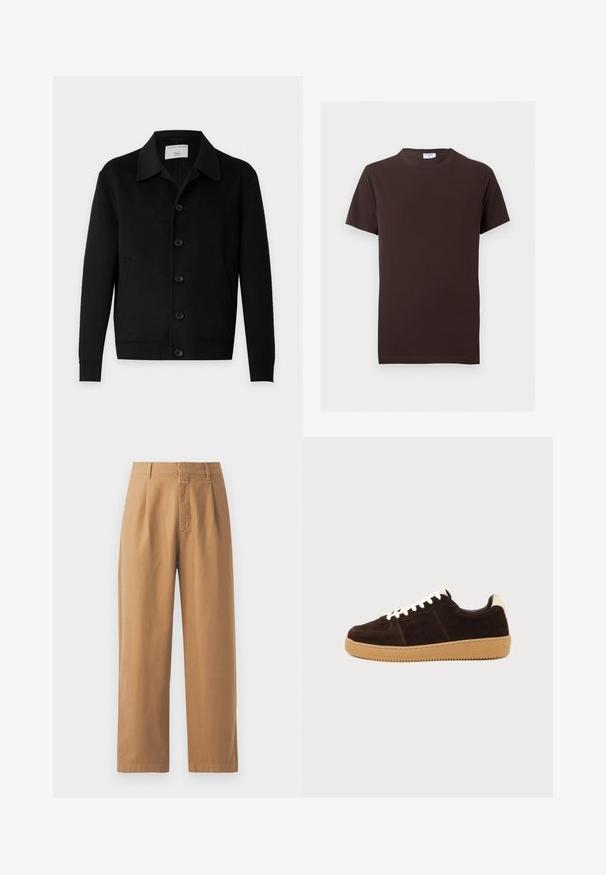 Veste noire à manches longues avec boutons, col et deux poches avant, étiquetée Tiger of Sweden.; T-shirt uni marron foncé à manches courtes avec col rond, coupe slim et petite étiquette blanche à l'intérieur du col.; Pantalons marron à jambes larges en tissu lisse. Présentent une taille haute avec des plis, des passants de ceinture et une poche avant.; Baskets en daim marron foncé avec lacets blancs, languette beige au talon et semelle en caoutchouc marron clair vues de côté sur un fond uni.