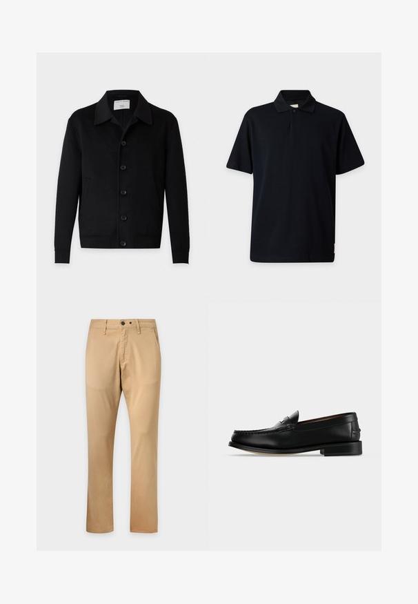 Μαύρο μπουφάν με μακριά μανίκια, κουμπιά, γιακά και δύο εμπρόσθιες τσέπες, με ετικέτα Tiger of Sweden.; Μαύρο πόλο με κοντά μανίκια, γιακά και ένα κουμπί σε ανοιχτό γκρι φόντο.; Μπεζ παντελόνι ίσιας γραμμής με θηλιές για ζώνη, κουμπωτό κλείσιμο εμπρός και απλές εμπρόσθιες τσέπες, απεικονίζεται σε απλό φόντο.; Μαύρο δερμάτινο ανδρικό μοκασίνι με χαμηλό τακούνι και ραφές σε στυλ μοκασίνου στο μπροστινό μέρος, εμφανίζεται από το πλάι σε μονόχρωμο φόντο.