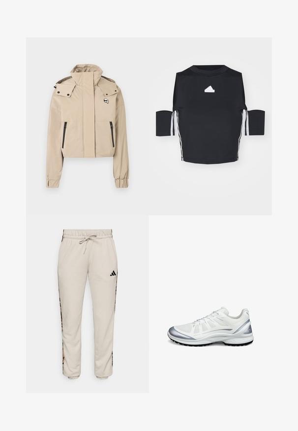 Lyhyt beige takki, jossa on korkea kaulus, nepparikoristeet ja mustat vetoketjulliset taskut edessä. Luja kangas ja joustavat hihansuut.; Lyhythihainen musta urheilupaita, joka on valmistettu sileästä kankaasta. Paidassa on valkoinen Adidas-logo ja kolme valkoista raitaa sivuilla.; Hupparusikka vaaleanbeige, pehmeästä kankaasta valmistettu, jossa on naru vyötäröllä ja mustat sivupaneelit, joissa on leopardikuosis. ; Valkoinen urheilukenkä hopeisilla yksityiskohdilla, hengittävällä verkkopinnalla sivuilla, pehmustetulla pohjalla ja teksturoidulla mustalla ulkopohjalla, nähtynä kengän ulkosivulta.
