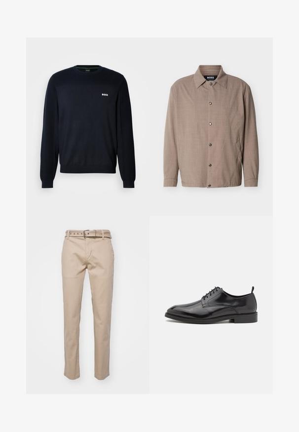 Veste beige pour homme avec col, manches longues, boutons-pression sur le devant, et poches latérales, étiquetée "BOSS" à l'intérieur du col.; Pull en maille bleu marine à manches longues avec col rond, équipé de poignets et d'un ourlet côtelés, arborant un petit logo blanc "BOSS" sur la poitrine gauche.; Pantalon en coton beige avec une coupe slim, doté d'une ceinture avec cinq trous et cinq boutons décoratifs le long de la taille.; Chaussure habillée en cuir noir avec une finition lisse, un bout rond et un design à lacets. Comprend une semelle en caoutchouc noir de profil bas et un petit talon.