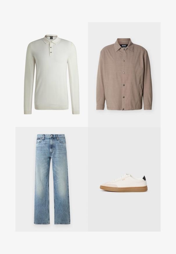 Beige herenjas met kraag, lange mouwen, drukknopen aan de voorkant en zijzakken, met het label "BOSS" aan de binnenkant van de kraag.; BOSS LANCIONE - Trui - open white eleven; Lichtblauwe denim jeans met rechte pijpen, een hoge taille, vijf zakken, knoopsluiting en subtiele vervaging op de dijen en knieën.; Witte sneakers met beige accenten, bovenwerk van glad leer, ronde neus en rubberen gumzool, met een zwarte hieltab en subtiele branding.