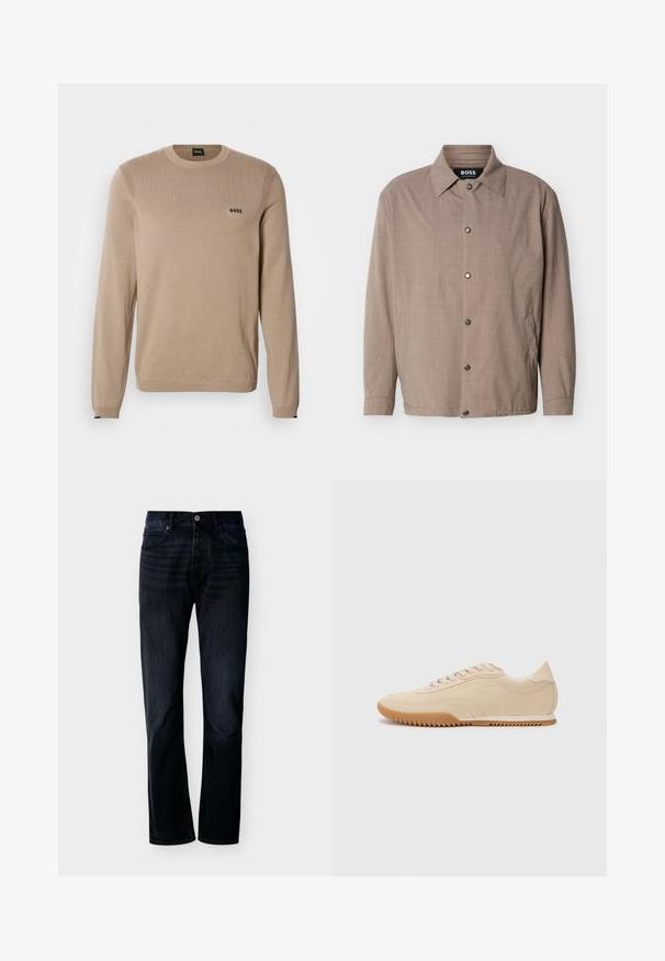 Veste beige pour homme avec col, manches longues, boutons-pression sur le devant, et poches latérales, étiquetée "BOSS" à l'intérieur du col.; Pull en maille beige à manches longues, col rond, détails côtelés et petit logo noir « BOSS » sur la poitrine. Texture douce, coupe classique.; Jean droit couleur indigo foncé avec fermeture avant à boutons et zip, passants pour ceinture et design à cinq poches, présenté sur un fond clair uni.; Baskets en daim beige au design épuré, présentant une tige texturée, un bout rond et une semelle en caoutchouc avec un motif en zigzag.