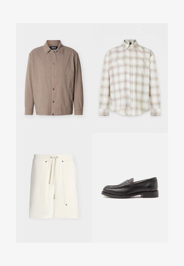Veste beige pour homme avec col, manches longues, boutons-pression sur le devant, et poches latérales, étiquetée "BOSS" à l'intérieur du col.; Chemise à manches longues avec boutons, motif à carreaux beige et marron clair et col pointu, posée à plat.; Shorts taille élastique de couleur blanc cassé avec cordon à l'avant et grandes poches plaquées maintenues par de petites rivets métalliques.; Mocassin noir en cuir avec un petit talon et une partie supérieure texturée, affiché de profil sur un fond clair uni.