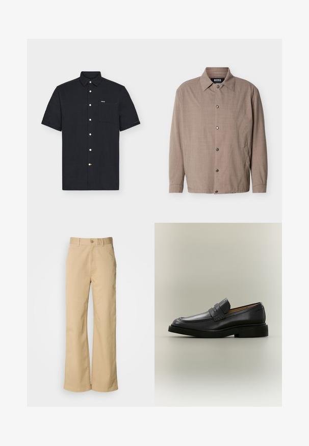 Veste beige pour homme avec col, manches longues, boutons-pression sur le devant, et poches latérales, étiquetée "BOSS" à l'intérieur du col.; Chemise noire à manches courtes avec boutons, avec une poche poitrine avant et une petite étiquette logo sur fond blanc uni.; Pantalon large beige en mélange coton. Fermeture par bouton et passants de ceinture. Texture lisse, avec des détails de couture minimaux.; Mocassin homme en cuir noir avec un petit talon et une bride sur le dessus, montré de profil sur un fond neutre.