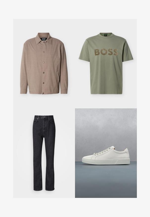 Chaqueta beige para hombre con cuello, mangas largas, botones a presión en la parte delantera y bolsillos laterales, con la etiqueta "BOSS" en el interior del cuello.; Camiseta de manga corta color verde oliva con cuello redondo y grandes letras marrones texturizadas "BOSS" en el pecho.; Jeans de mezclilla negros de cintura alta con cierre de botón y cremallera, bolsillos frontales y traseros, y corte recto.; Zapatilla blanca de cuero con punta redondeada, diseño minimalista, cordones grises y suela de goma texturizada gris. Detalles de costura sutiles visibles.