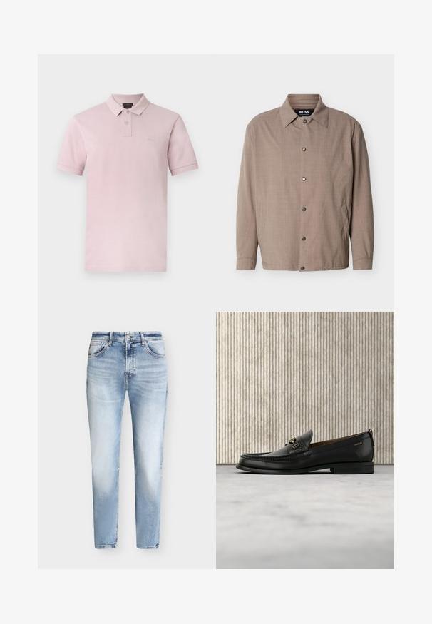 Veste beige pour homme avec col, manches longues, boutons-pression sur le devant, et poches latérales, étiquetée "BOSS" à l'intérieur du col.; Polo rose clair à manches courtes avec deux boutons, petit écusson logo sur la poitrine et col classique sur fond blanc.; Jean slim bleu clair délavé avec poches avant et fermeture à boutons, présenté à plat sur un fond uni.; Mocassin en cuir noir avec mors en métal doré et logo "HUGO", présenté sur un tapis beige et un meuble translucide marron.