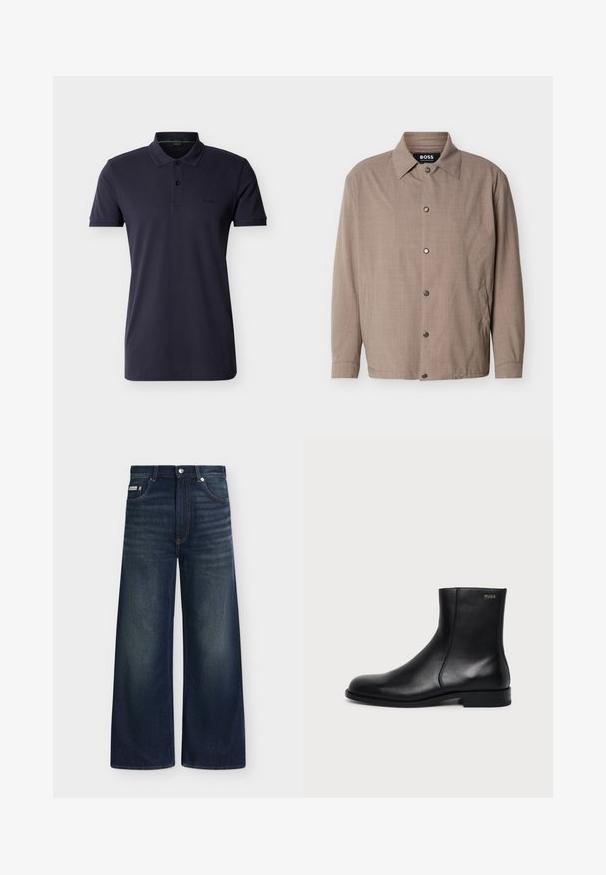 Veste beige pour homme avec col, manches longues, boutons-pression sur le devant, et poches latérales, étiquetée "BOSS" à l'intérieur du col.; Polo à manches courtes bleu marine avec col, patte de boutonnage à deux boutons, logo discret sur la poitrine gauche et ourlet droit.; Jean en denim bleu foncé à jambes larges avec poches avant, passants de ceinture, fermeture par boutons et légère décoloration sur les cuisses et les genoux.; Bottine en cuir noir à talon bas, couture latérale et petit logo "HUGO" sur le revers supérieur sur un fond uni.