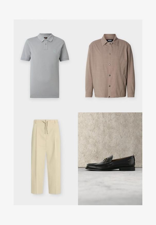 Veste beige pour homme avec col, manches longues, boutons-pression sur le devant, et poches latérales, étiquetée "BOSS" à l'intérieur du col.; Polo gris clair à manches courtes avec deux boutons, un col, et un petit logo embossé sur la poitrine gauche.; Pantalon beige droit avec passants pour ceinture et nouage à l'avant, présentant un design épuré et ajusté ainsi qu'un tissu texturé.; Mocassin en cuir noir avec mors en métal doré et logo "HUGO", présenté sur un tapis beige et un meuble translucide marron.