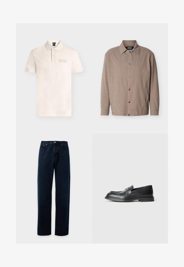 Veste beige pour homme avec col, manches longues, boutons-pression sur le devant, et poches latérales, étiquetée "BOSS" à l'intérieur du col.; Polo beige clair à manches courtes avec patte à deux boutons et petit écusson rectangulaire « BOSS » sur la poitrine gauche.; Jean en denim bleu foncé à coupe droite avec poches avant, passants de ceinture et fermeture par bouton métallique sur un fond clair uni.; Mocassins en cuir noir avec une finition texturée, dotés d'une bride décorative à l'avant et d'un bout arrondi. Semelle en caoutchouc pour plus de durabilité.