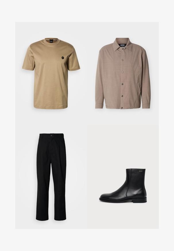Veste beige pour homme avec col, manches longues, boutons-pression sur le devant, et poches latérales, étiquetée "BOSS" à l'intérieur du col.; T-shirt à manches courtes couleur fauve, en coton, avec un col rond et un petit logo noir sur la poitrine gauche. Texture lisse, coupe décontractée.; Pantalons noirs à jambes droites avec une taille à bouton, passants de ceinture et pli avant, présentés sur un fond blanc uni.; Bottine en cuir noir à talon bas, couture latérale et petit logo "HUGO" sur le revers supérieur sur un fond uni.