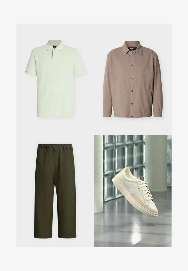 Veste beige pour homme avec col, manches longues, boutons-pression sur le devant, et poches latérales, étiquetée "BOSS" à l'intérieur du col.; Polo manches courtes vert pastel clair avec deux boutons et un petit logo "BOSS" sur la poitrine gauche.; Pantalon vert foncé à coupe ample avec taille élastique, jambes droites et sans poches ni ornements visibles, présenté sur un fond uni.; Sneaker blanc à tige basse avec des accents beiges et des lacets, de la marque « BOSS », flottant au-dessus d’un sol poli avec un mur en blocs de verre en arrière-plan.