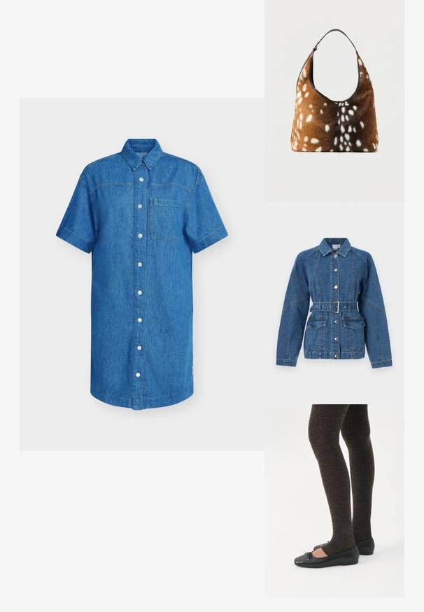 Spijkerjasje in lichtblauw, met knoopsluiting aan de voorkant, grote opgestikte zakken, ceintuur in de taille en een puntige kraag met contrasterende stiksels.; Denim overhemd met korte mouwen in helderblauw, voorzien van een knoopsluiting, een borstzak en een recht gesneden zoom. Zachte textuur.; Benen met donkere geribbelde leggings gecombineerd met zwarte ballerina's met kleine strikdetails op een witte achtergrond.; Bruine en zwarte handtas met witte, gevlekte bonttextuur en een enkele zwarte schouderriem op een effen achtergrond.
