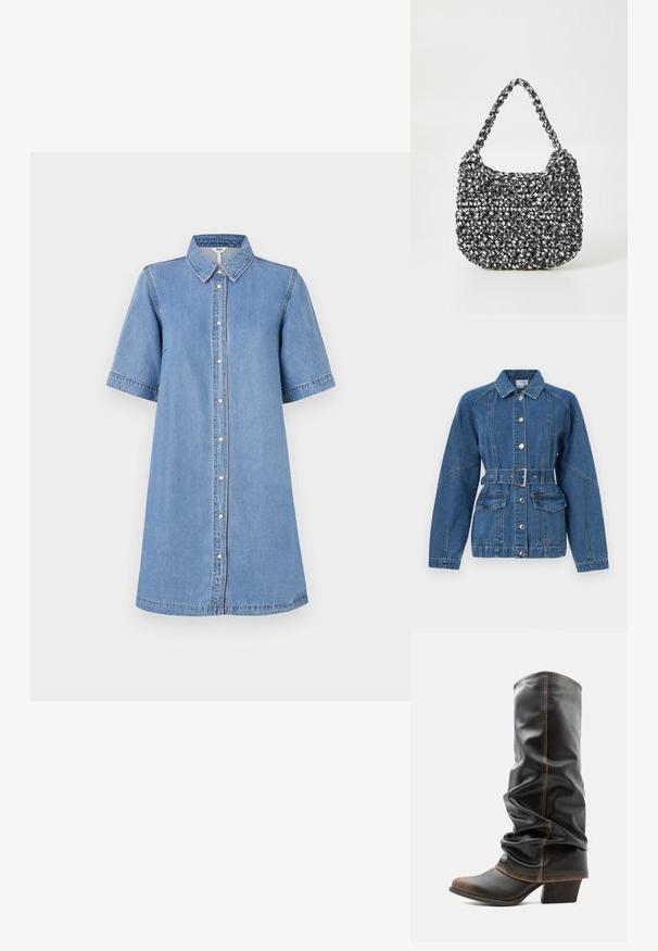 Lyseblå denimjakke med knaplukning foran, store lappelommer, bælte i taljen og spids krave med kontrastsyning.; Denim skjortekjole, lyseblå, kortærmet, krave, knaplukning foran, knælang, syning detaljer på ærmerne, afslappet pasform.; Høj sort læder slouchy støvle med brune accenter, spids tå og stabelhæle mod en ensfarvet hvid baggrund.; Vævet håndtaske i sort og hvid med en rund form, tekstureret overflade og et fletet håndtag. Velegnet til afslappet brug.