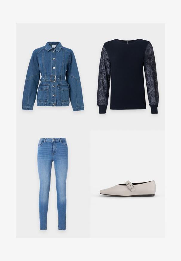 Chaqueta vaquera azul claro, con cierre de botones en la parte delantera, grandes bolsillos parche, cintura con cinturón y cuello puntiagudo con costuras en contraste.; Suéter de punto azul marino con mangas largas de encaje floral transparente y puños acanalados, cuello redondo y dobladillo recto.; Jeans ajustados en denim azul claro, con una cintura de media altura, diseño de cinco bolsillos y costuras tonales con una textura suave.; Zapato plano de cuero beige con punta afilada, un detalle de hebilla lateral y suela negra baja. Textura suave y diseño minimalista.