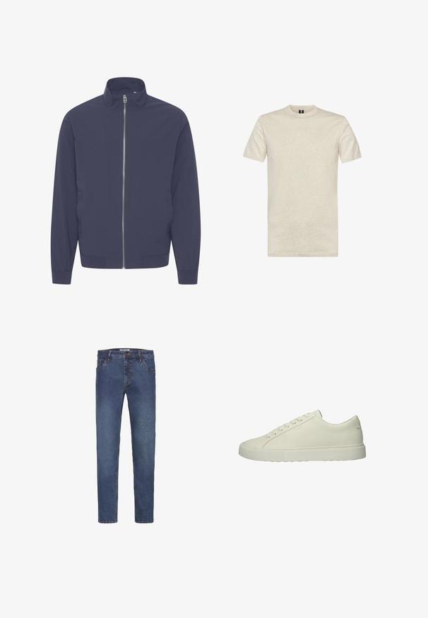 Marineblaue Jacke mit hohem Kragen, durchgehendem Reißverschluss, langen Ärmeln und elastischen Bündchen. Glatte Textur, keine sichtbaren Muster oder Akzente.; Beiges T-Shirt mit kurzen Ärmeln und Rundhalsausschnitt, schlichtes Design ohne sichtbare Logos oder Muster.; Dunkelblaue Jeans aus Denim mit geradem Bein, ausgestattet mit Gürtelschlaufen, fünf Taschen und einer kontrastierenden Naht entlang der Nähte.; Weiße Leder-Sneaker mit glatter Textur, minimalistischem Design, Schnürung vorne und dicker Gummisohle. Keine sichtbaren Logos oder Muster.