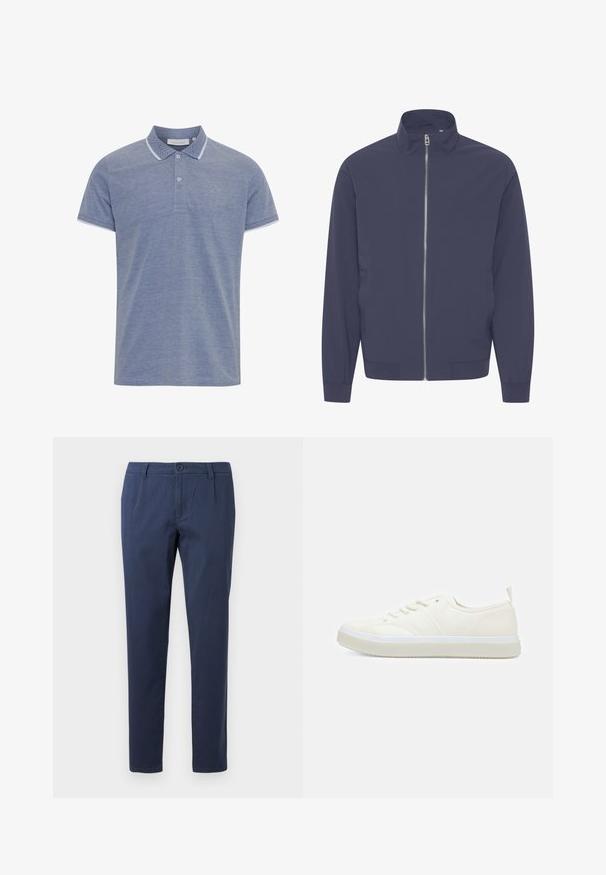 Marineblauwe jack met een hoge kraag, volledige rits aan de voorkant, lange mouwen en elastische manchetten. Gladde textuur, geen zichtbare patronen of accenten.; Lichtblauw polo shirt van textuurstof, met een gebuttonneerde kraag, contrasterende witte bies op de kraag en mouwen, en een klein logo.; Marineblauwe broek van lichtgewicht stof, met een frontale knoopsluiting, twee zijzakken en een recht gesneden ontwerp.; Calvin Klein TOP LACE UP UNIFIT - Sneakers laag - salt bay