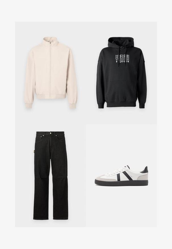 Lichtbeige, licht jack met lange mouwen, opstaande kraag, volledige ritssluiting aan de voorkant, elastische manchetten en tailleband.; Zwart sweatshirt met capuchon, gemaakt van katoen en voorzien van een voorzak. Heeft een witte grafische tekstontwerp met de tekst "VISION".; Zwarte denimbroeken met een recht gesneden ontwerp, voorzien van voorzakken, een knoopsluiting en minimale hardware voor een strakke uitstraling.; Witte sneaker met zwarte en grijze accenten, voorzien van een grijze neus met textuur, zwarte rubberen zool en platte witte veters. Schoon ontwerp, minimalistische stijl.