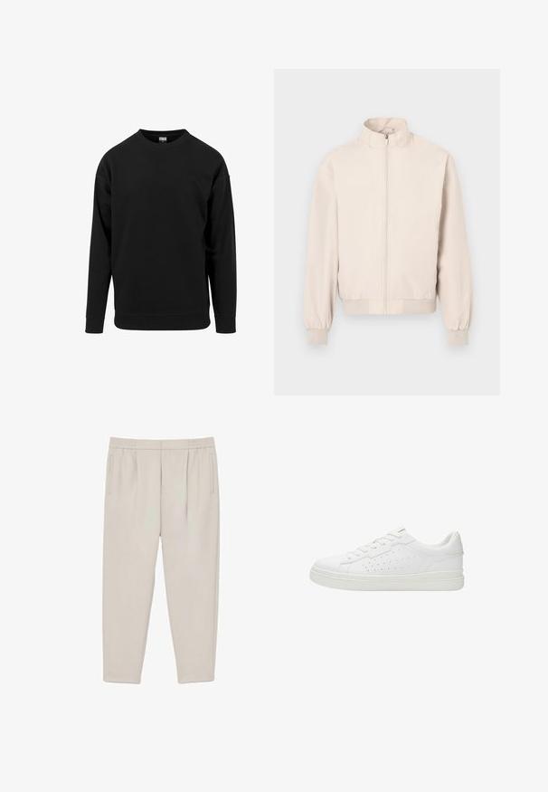 Lysebeige, letvægts jakke med lange ærmer, stående krave, fuld lynlås foran, elastiske manchetter og taljebånd.; Sort sweatshirt lavet af blødt stof. Har en rund halsudskæring, lange ærmer og ribbede manchetter og kant. Enkel, udekoreret design.; Lys beige skrå bukser med plisseringer ved taljen, sidelommer og elastisk taljebånd, vist fladt på en hvid baggrund.; Hvide lædersneakers med en glat overflade, rund tå og perforerede sidelogoer. Har flade snørebånd og en slidstærk gummisål.