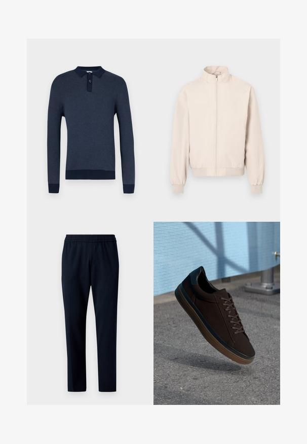 Veste légère beige clair à manches longues, col montant, fermeture éclair complète devant, poignets et taille élastiques.; Polo bleu marine à manches longues en maille texturée, avec une patte de boutonnage à trois boutons, et des poignets et un ourlet côtelés bleu foncé contrastants.; Pantalons de couleur marine avec un motif à rayures, dotés d'une taille élastique et d'une coupe fuselée. Fabriqués en tissu tissé.; Sneakers marron avec un dessus en suède lisse, bout rond et accents en cuir noir. Présente des lacets marron, une semelle en caoutchouc et des détails de perforation subtils.