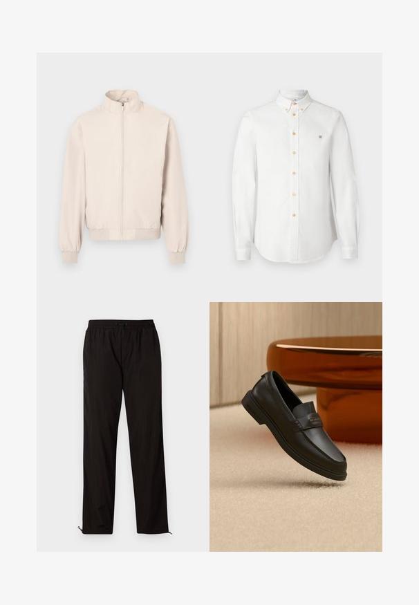Hellbeige, leichte Jacke mit langen Ärmeln, Stehkragen, durchgehendem Frontreißverschluss, elastischen Bündchen und Bund.; Weißes Hemd mit langen Ärmeln, klassischem Kragen, orangefarbenen Knöpfen und einem kleinen gestickten Logo auf der Brust. Glatter Baumwollstoff.; Schwarze leichte Hose mit elastischem Bund, Kordelzugverschluss und Reißverschluss am Saum für eine verstellbare Passform. Glatte, elegante Textur.; Schwarzer Leder-Schlupfschuh mit gesteppten Akzenten, erhöhtem Schaft und flacher Gummisohle, auf einer weichen beigen Oberfläche platziert.
