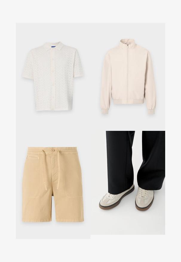 Lichtbeige, licht jack met lange mouwen, opstaande kraag, volledige ritssluiting aan de voorkant, elastische manchetten en tailleband.; Korte mouw polo in off-white, met een textuurpatroon, knoopsluiting aan de voorkant en een klassiek kraagontwerp.; Beige shorts van katoen, met een trekkoord in de taille, voorzakken en zichtbare stiksels. Eenvoudig, casual ontwerp.; Voeten met beige sneakers met bruine zolen en zwarte wijde broekspijpen op een witte achtergrond.