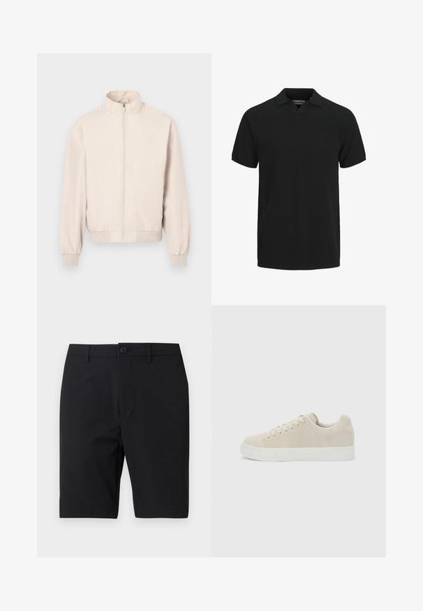 Veste légère beige clair à manches longues, col montant, fermeture éclair complète devant, poignets et taille élastiques.; Polo noir à manches courtes avec col et petite ouverture en V, en tissu texturé.; Short noir longueur genou, coupe ajustée, avec passants de ceinture et fermeture par un seul bouton, présenté sur fond blanc uni.; Baskets basses beige à lacets avec semelle épaisse en caoutchouc blanc sur un fond uni gris clair.