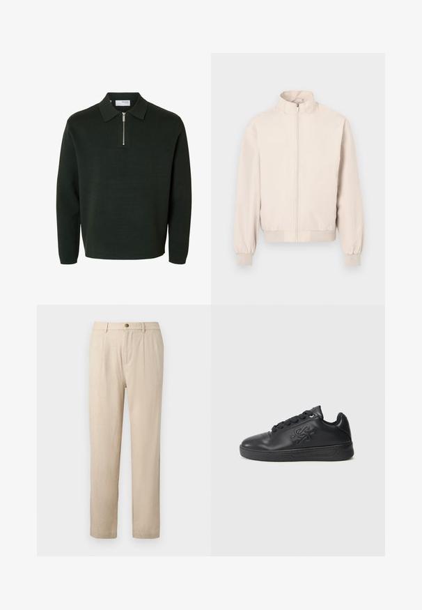 Lysebeige, letvægts jakke med lange ærmer, stående krave, fuld lynlås foran, elastiske manchetter og taljebånd.; Mørkegrøn langærmet polo-sweater med lynlåslukning ved kraven og en lige kant nederst.; Beige skræddersyede bukser med forreste læg, knaplukning, bæltestropper og lige ben.; Sort lædersneaker med en glat overflade, rund tå, strukturerede snørebånd og et logo præget på siden. Flad gummisål.
